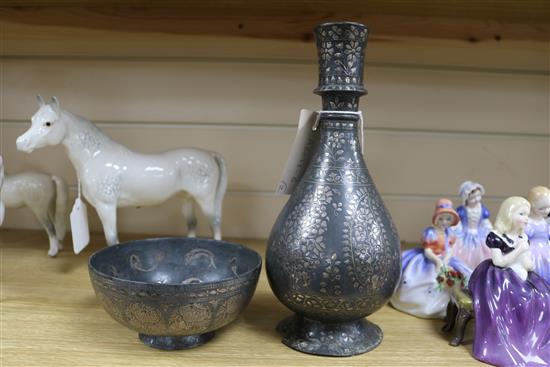 A 19th century Indian Bidri ware bottle vase and a similar bowl vase height 24cm